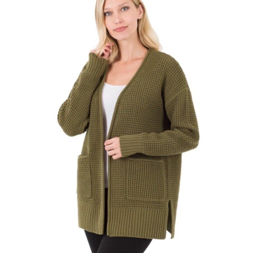 Zenana Waffle Open Front Sweater Cardigan knit camping boho comfy large
